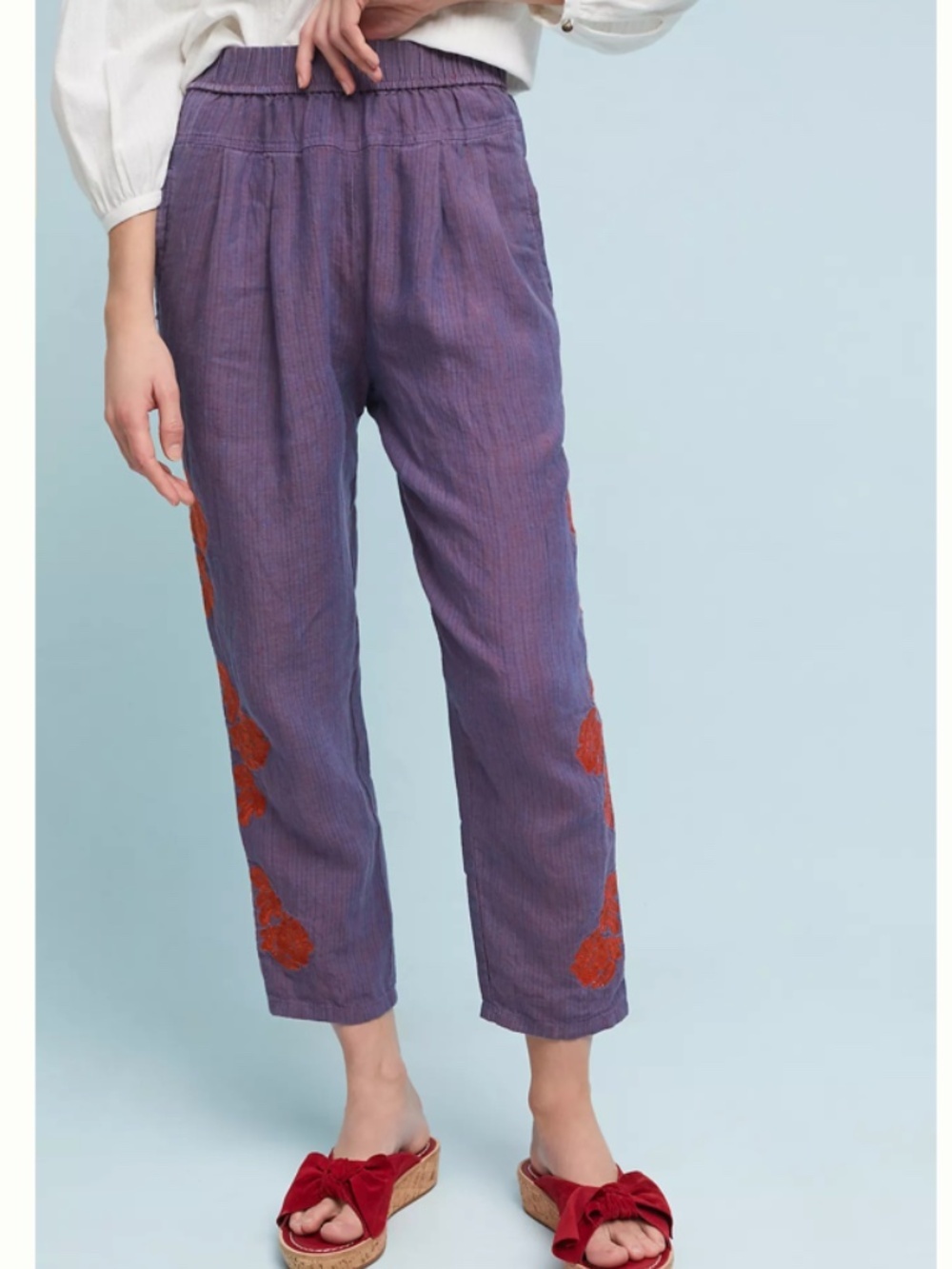 by Anthropologie Linen Floral Embroidered High Rise Relaxed Pants Size MP - Picture 2 of 10